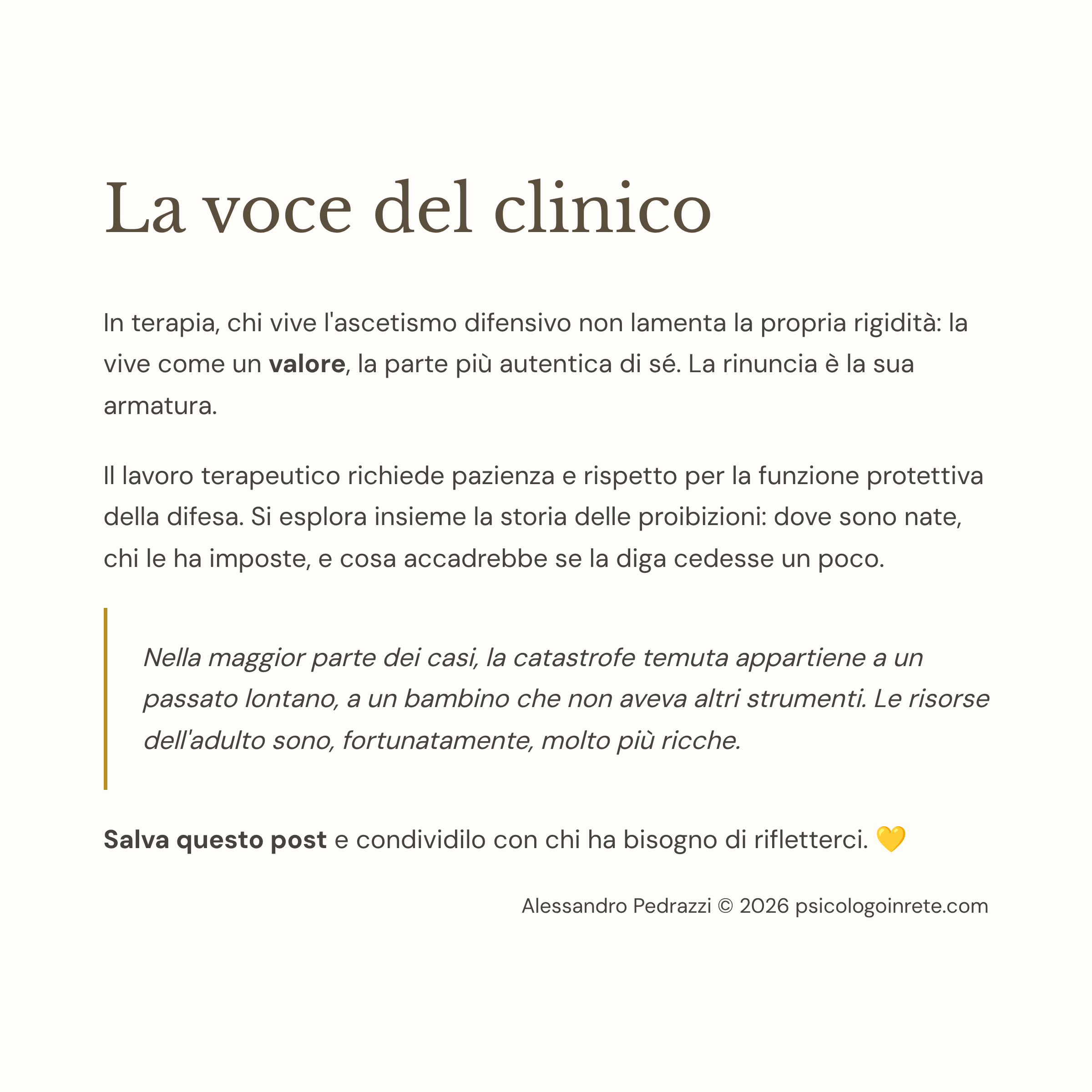 La voce del clinico: il lavoro terapeutico con chi vive l'ascetismo difensivo