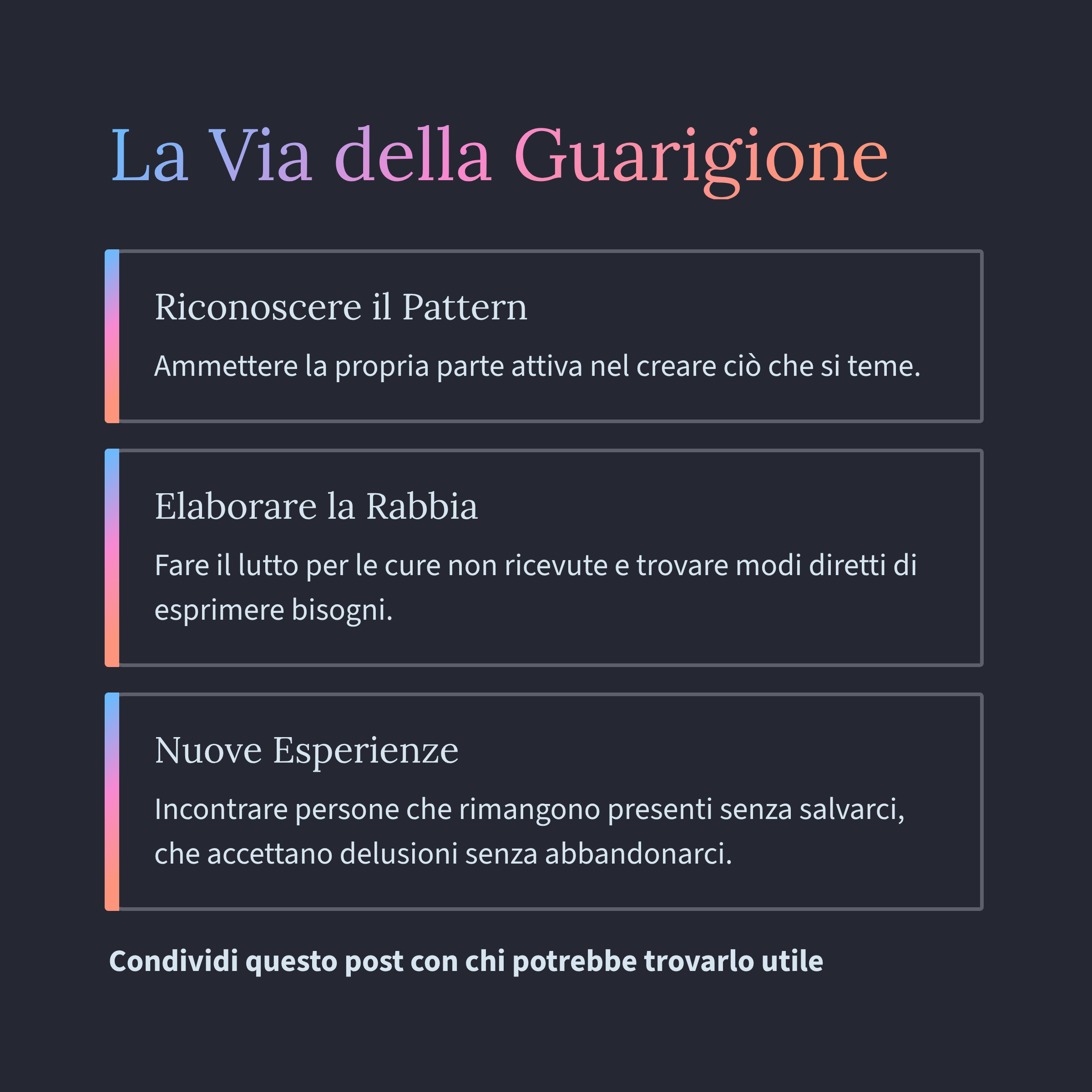 La via della guarigione: riconoscere il pattern, elaborare la rabbia, nuove esperienze relazionali